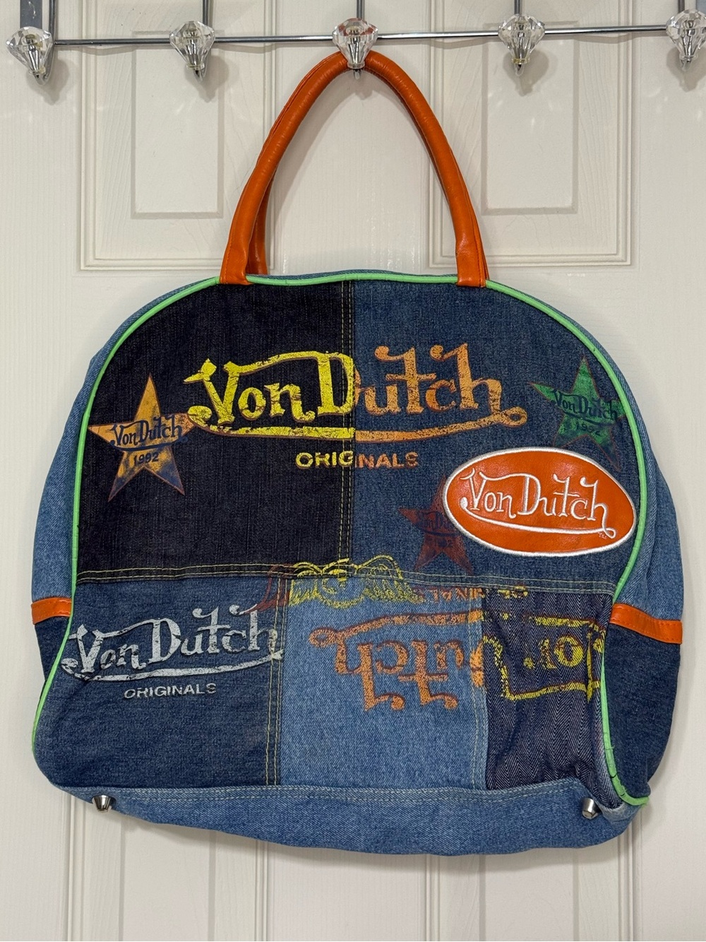 Vintage Y2K Von Dutch Denim Patchwork Bag with Orange Handles and Lime Trim
